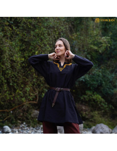 Tunique médiévale en coton avec col brodé à manches longues