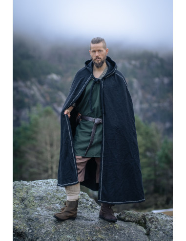 Cape viking en laine avec capuche modèle Valdemar, couleur noire