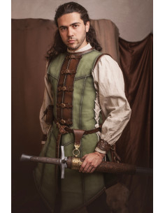 Manteau médiéval long vert en cuir de suède, femme