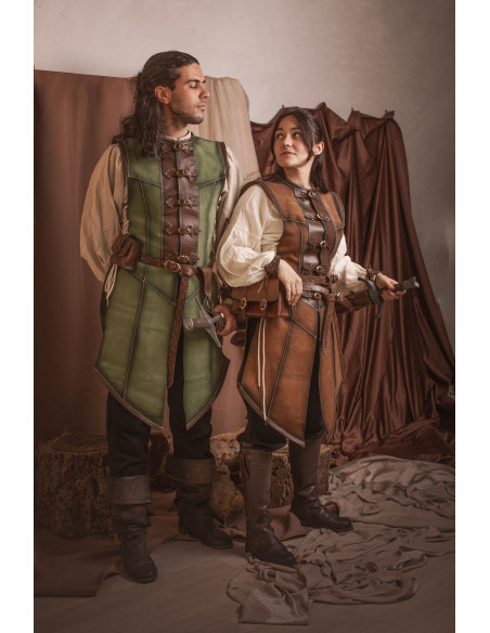 Manteau médiéval long vert en cuir de...